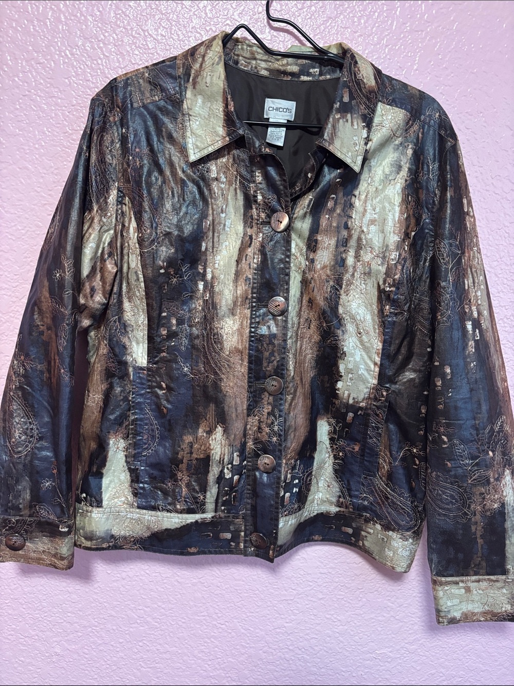 Chico's Metallic Abstract Black and Bronze Button Jacket